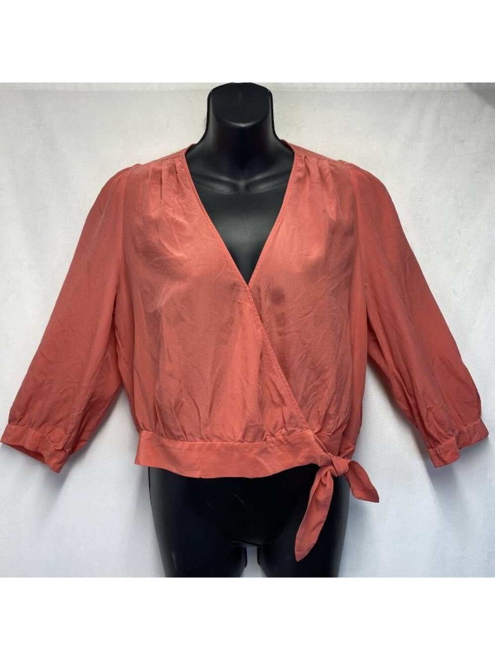 Madewell 100% Silk Cropped 3/4 Sleeve V-Neck Wrap Blouse Women Small Salmon